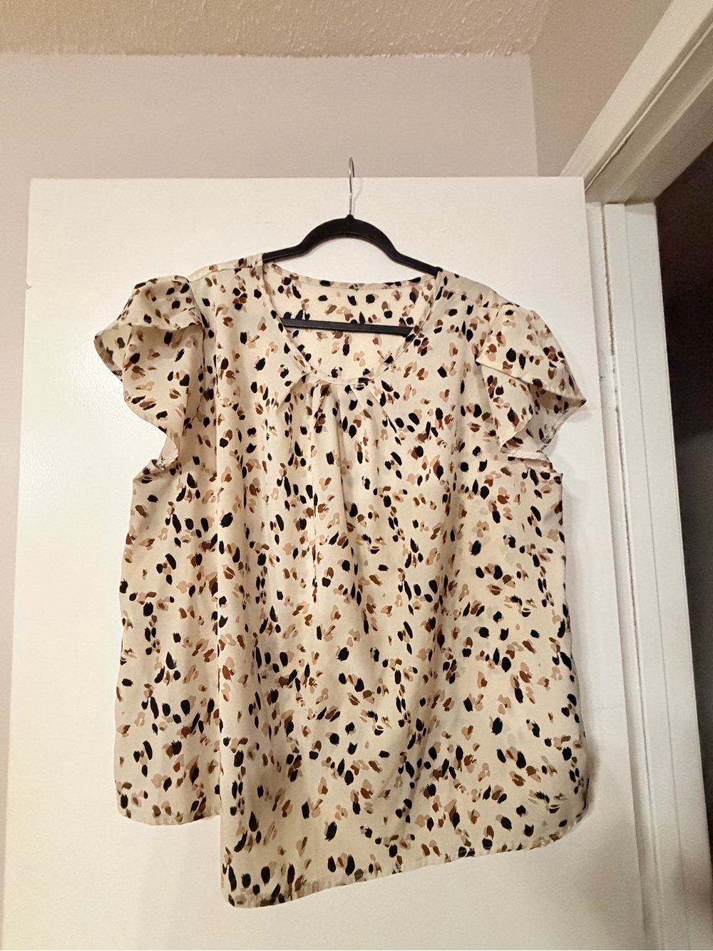 SHEIN Cream Printed Flutter Sleeve Blouse with Black and Brown Spots